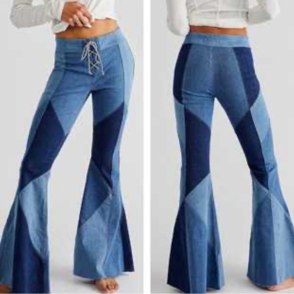 We The Free Patchwork Flare Jeans - Light and Dark Blue